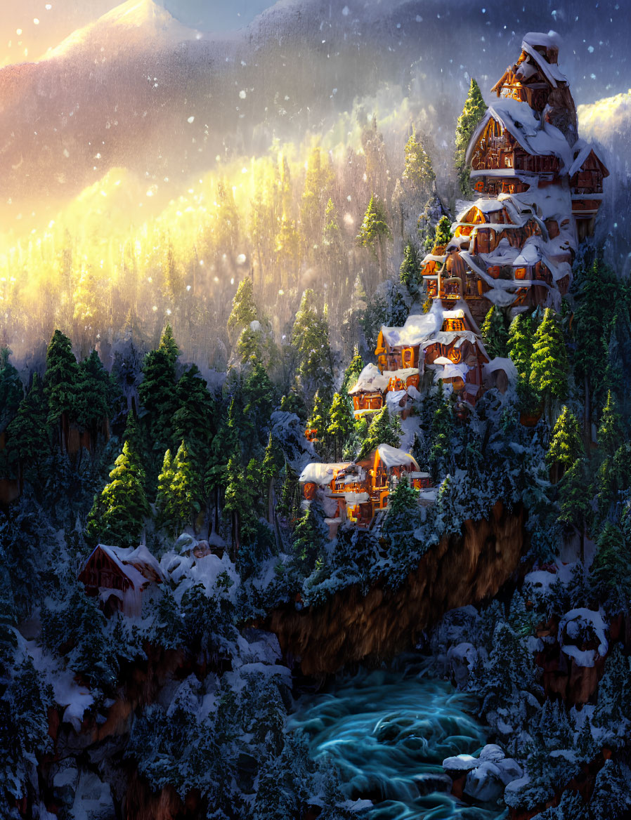 Snow-covered chalets on hillside with river and sunlight rays