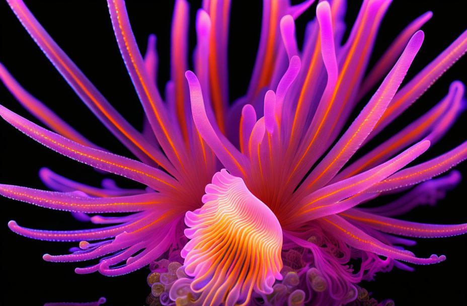 Colorful Sea Anemone with Purple and Pink Tentacles on Dark Background