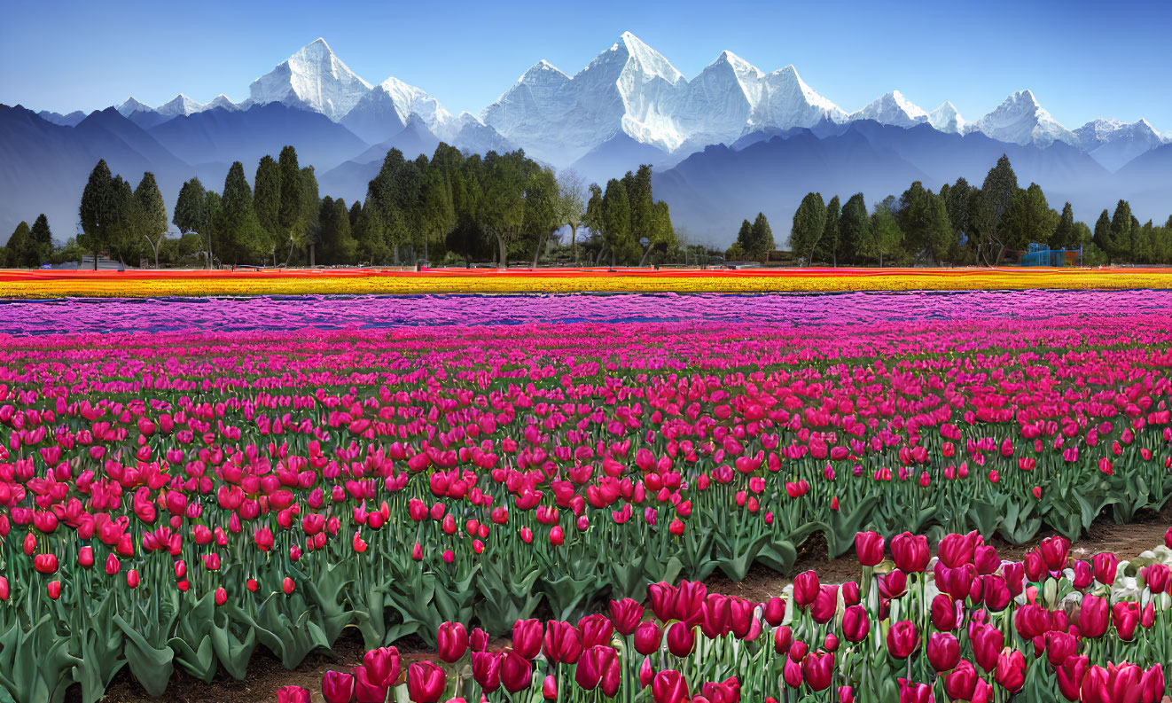 Colorful Tulip Fields Leading to Snow-Capped Mountains