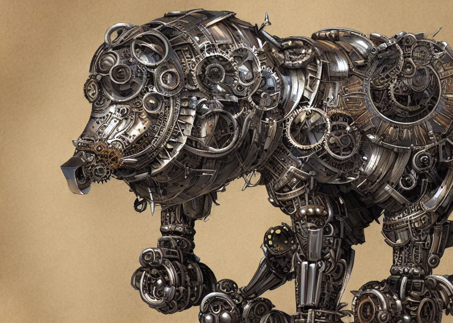 Detailed Mechanical Bear Model with Gears and Cogs on Beige Background