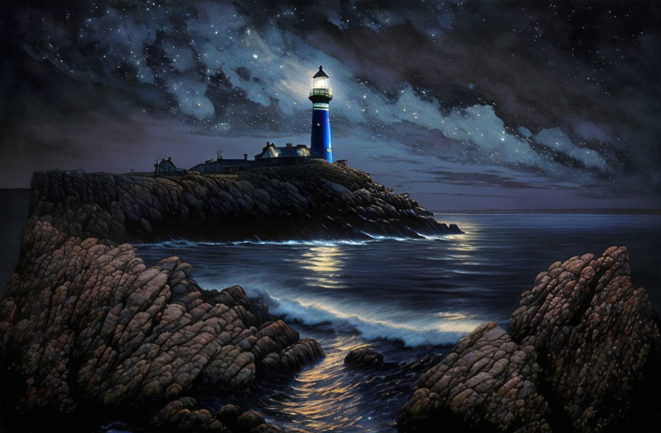Starry night sky illuminates lighthouse on rocky coast