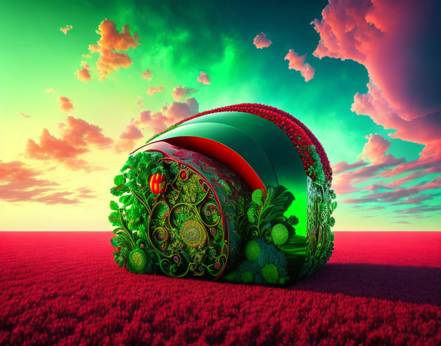 Colorful Snail with Embellished Shell on Vibrant Red Landscape