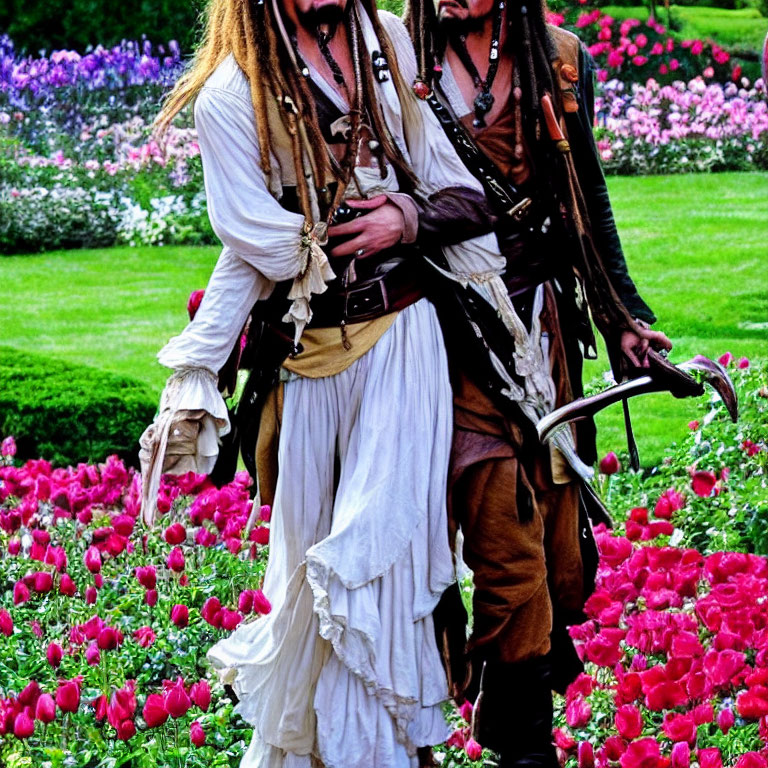 Two people in pirate outfits surrounded by colorful tulips in a garden.