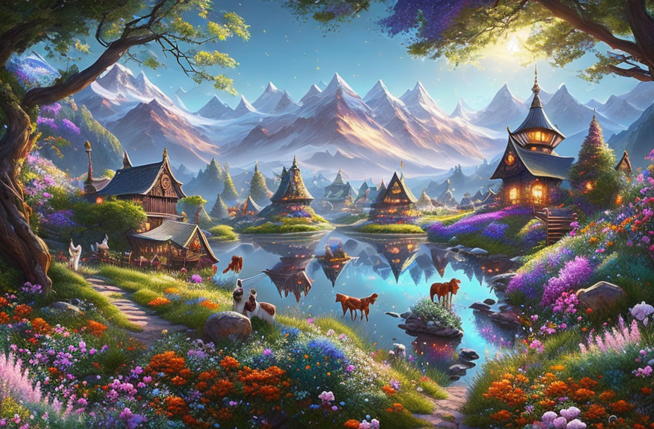 Fantasy landscape with traditional houses, river, wildlife, and mountains at twilight
