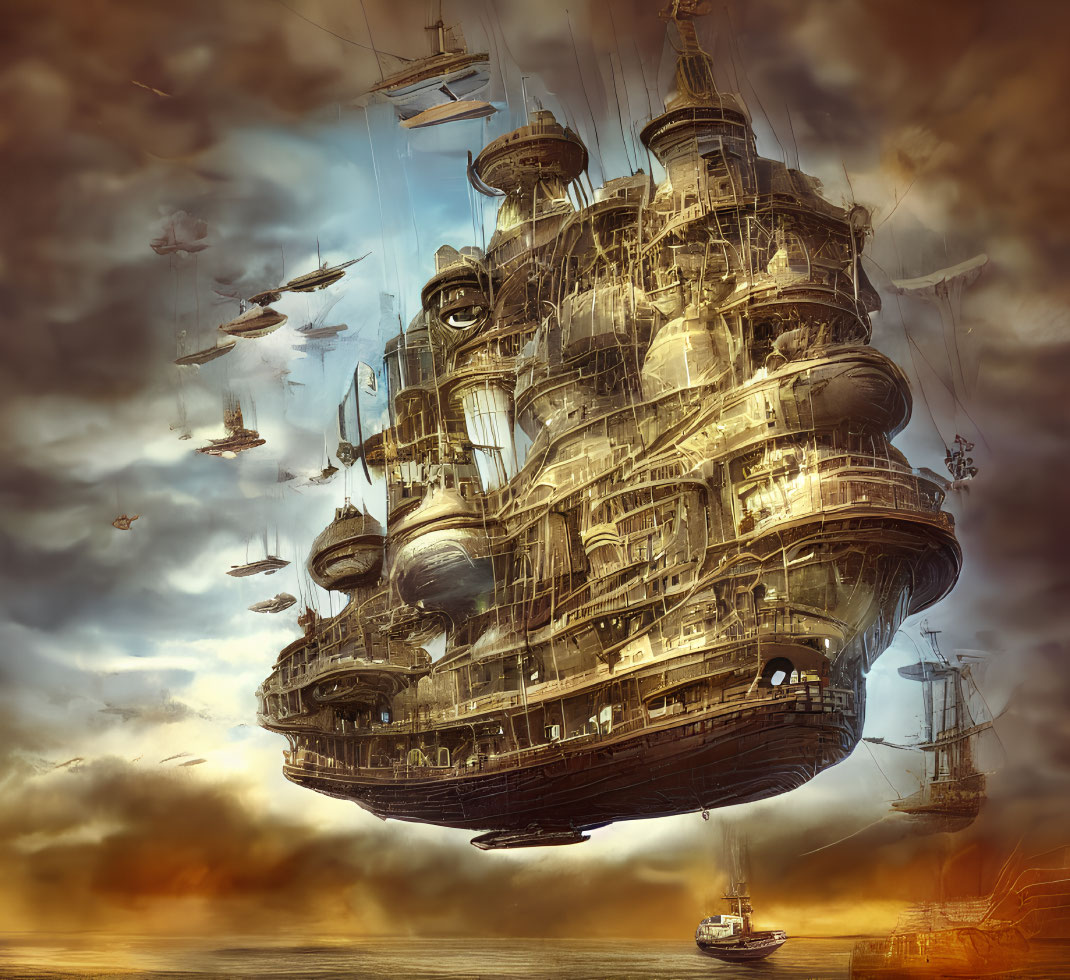 Large floating city-ship with airships in dramatic sunset sky