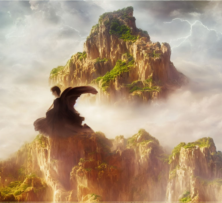 Mysterious figure in cloak with stormy mountains scenery