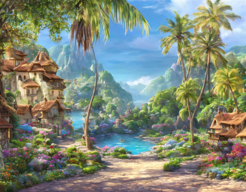 Tranquil fantasy village nestled in lush mountains