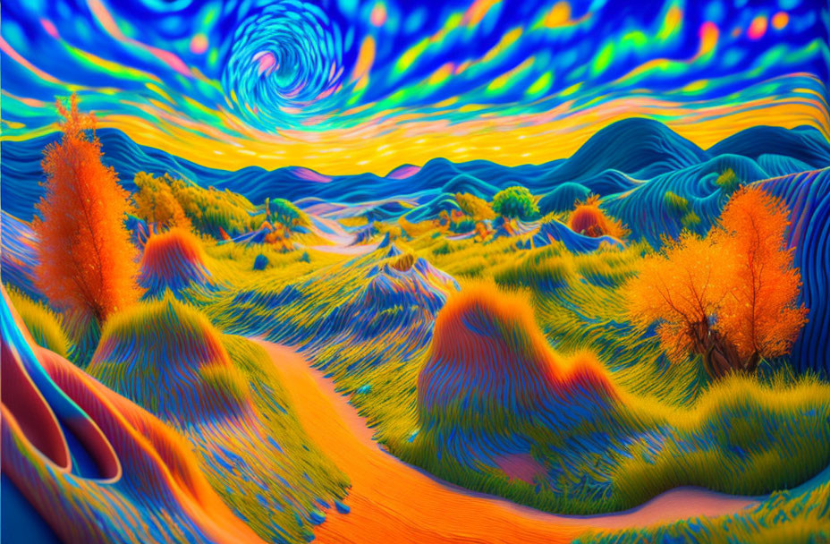 Colorful Psychedelic Landscape with Swirling Patterns and Orange Trees