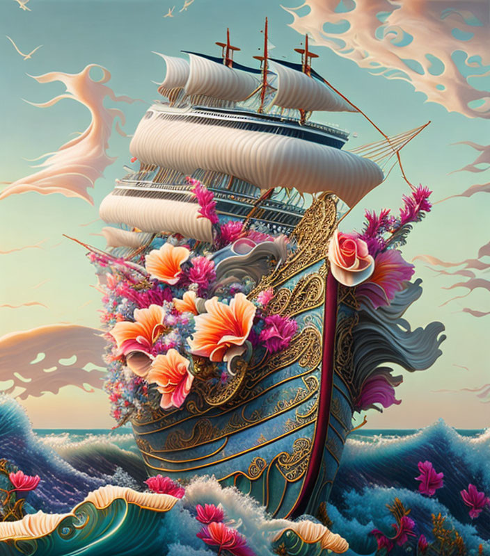 Surreal art: Ship with ornate sails and vibrant flowers on whimsical sea & sky