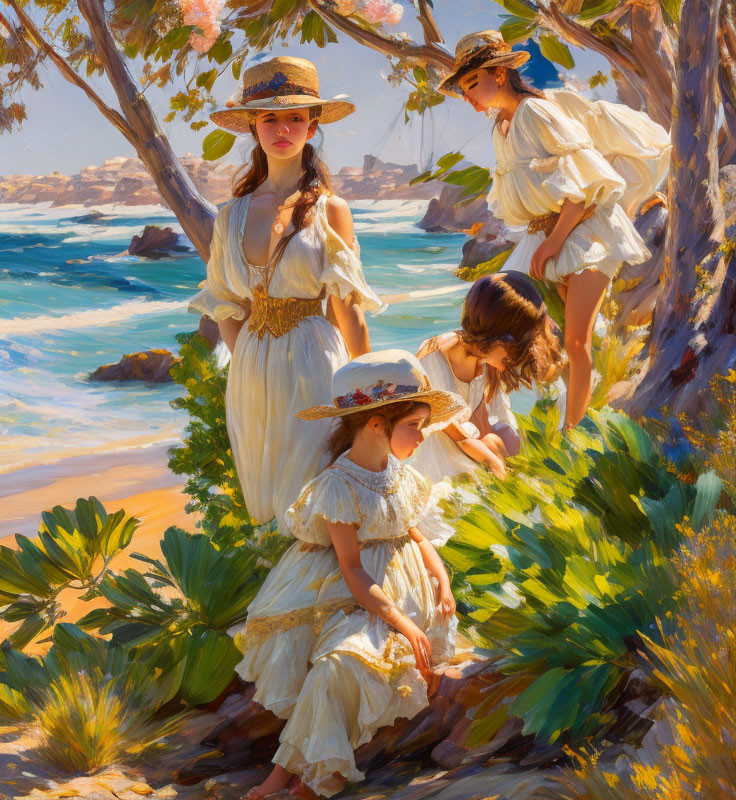 Three women in vintage dresses and hats in serene beach setting.