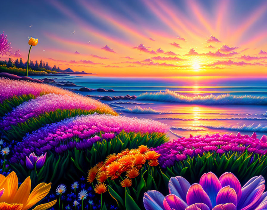 Colorful Flowers and Sunset Over Ocean with Sunlight Rays