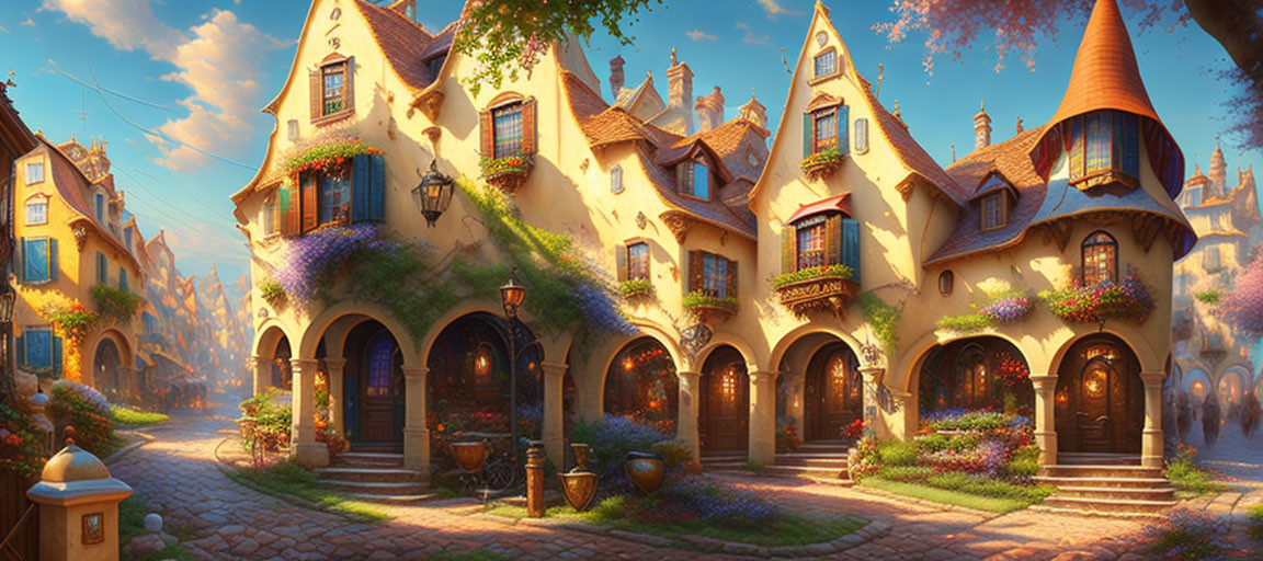 Enchanting fairytale street with curved architecture and lush flowers