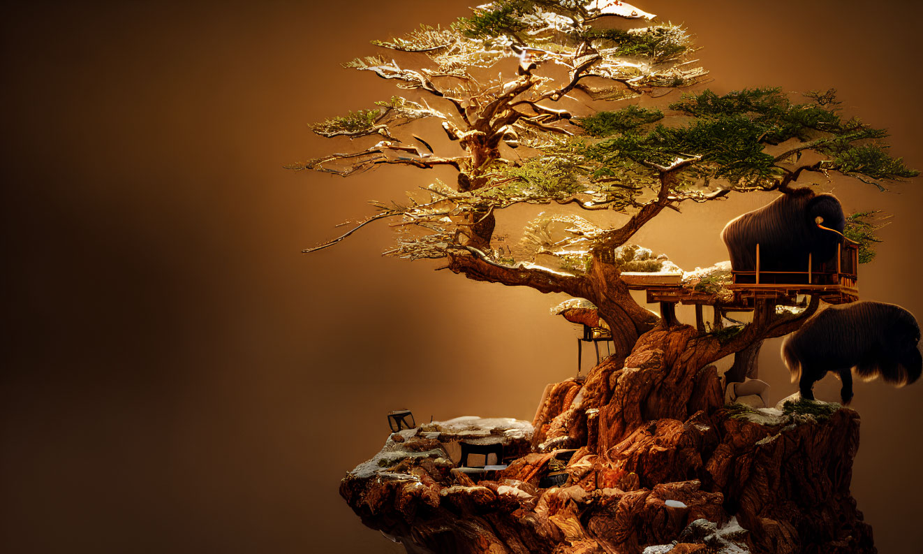 Intricate miniature tree with wooden platforms and black sheep figurine on cliff