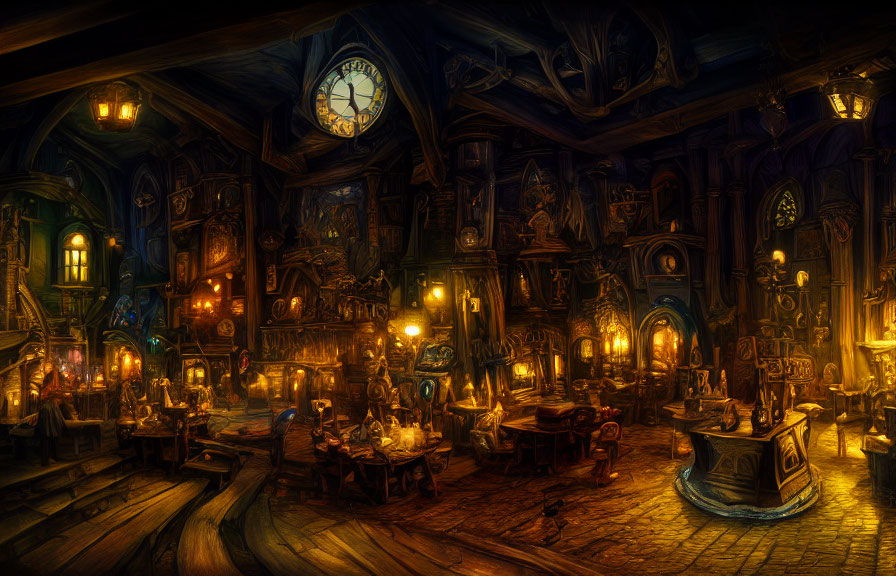 Warm, candle-lit tavern with wooden decor and ornate clock
