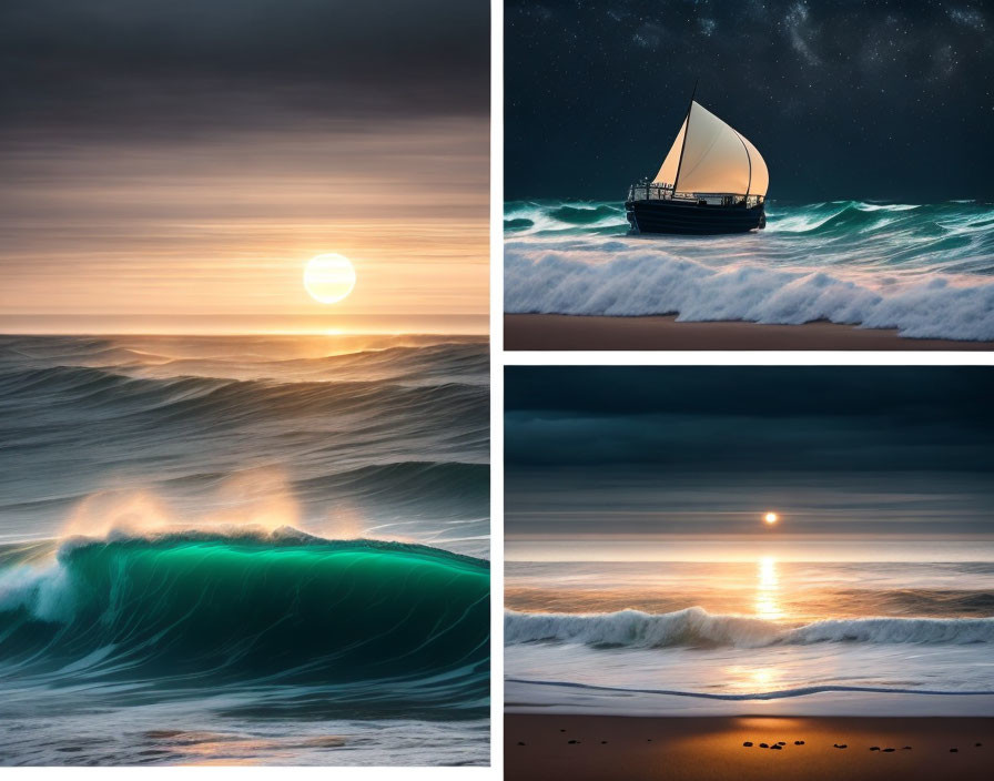 Scenic Ocean Views: Waves, Sailboat, Starry Sky, Sunsets