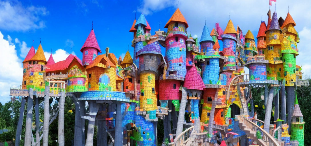Multicolored fantasy castle with towers and turrets against blue sky