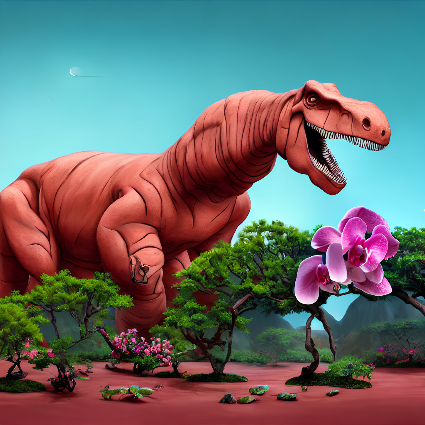 Large Reddish-Brown Tyrannosaurus Rex in Colorful Landscape