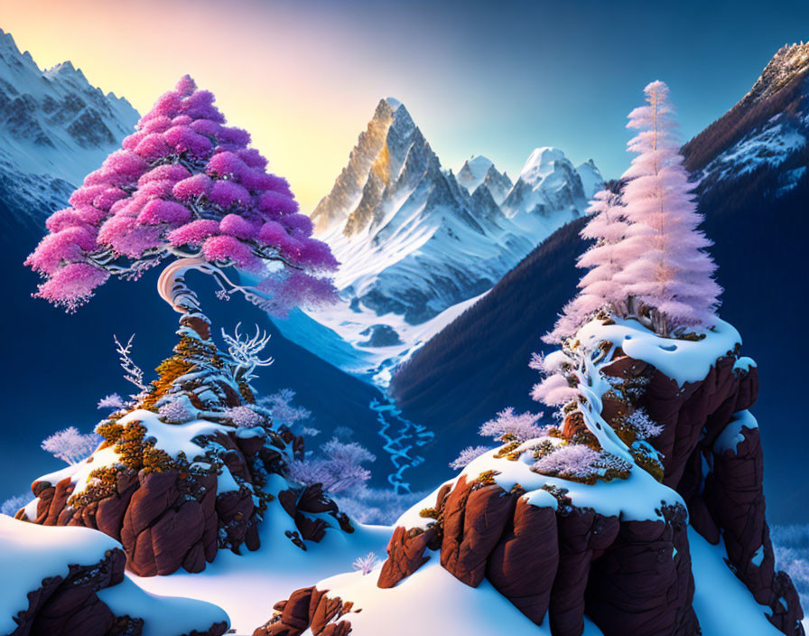 Vibrant pink trees in snowy winter landscape with mountains at sunrise/sunset
