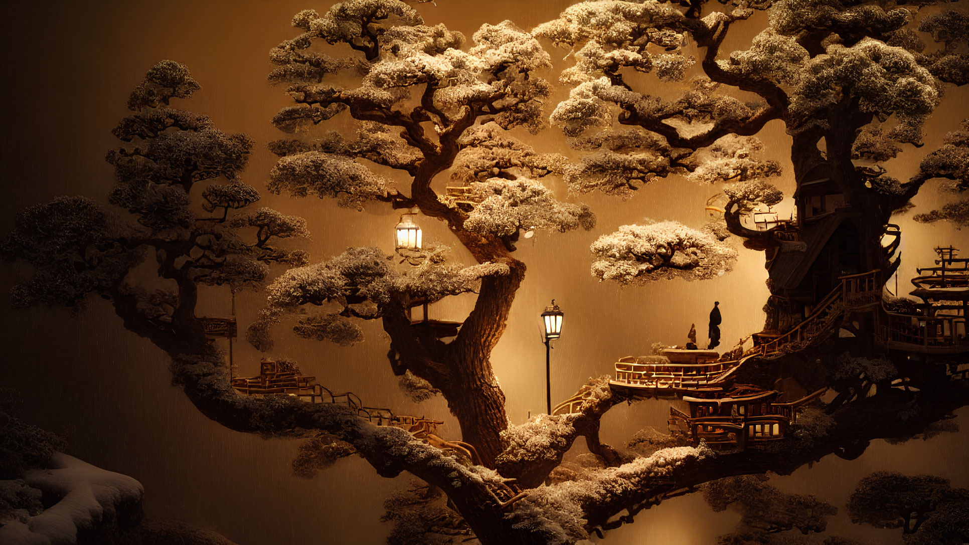 Enchanting tree with lanterns lighting wooden staircases and platforms