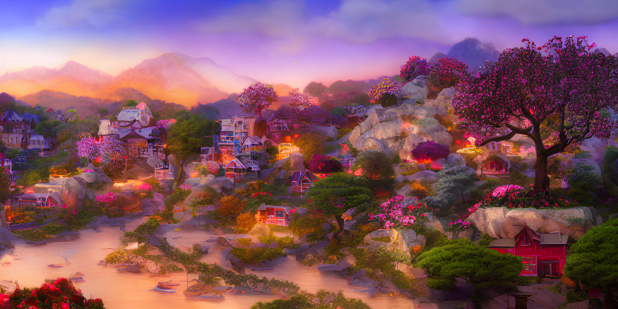 Whimsical fantasy village with pink-flowering trees and misty mountain backdrop