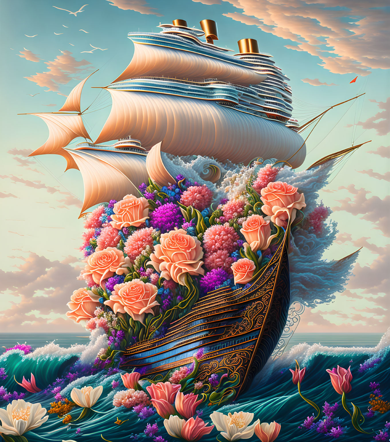 Illustration of ship with white sails in flower-filled sea