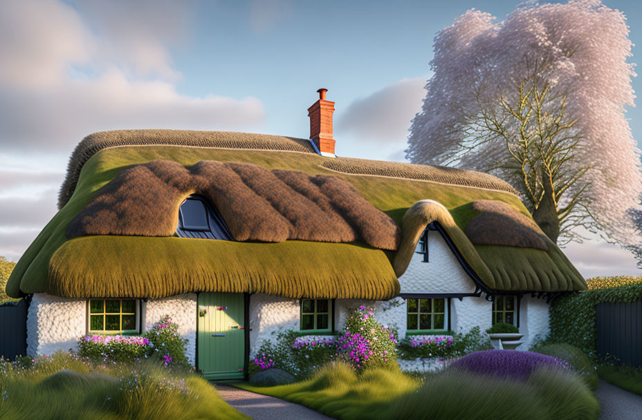 Thatched-roof cottage with white walls and green door amidst vibrant flowers and lush trees