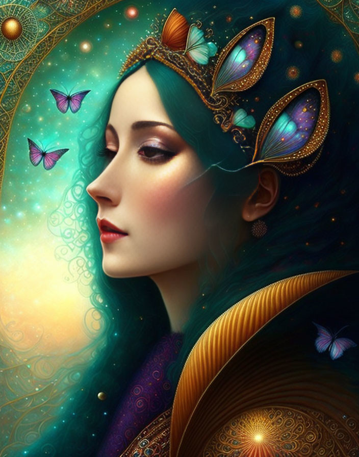 Profile portrait of serene woman with blue hair and golden butterfly crown, surrounded by glowing butterflies on starry
