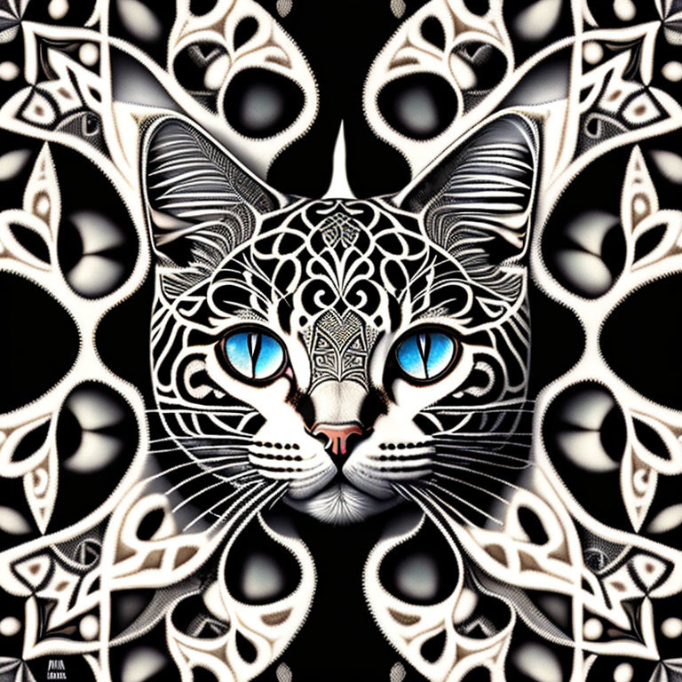 Intricate Black and White Mandala Cat Face with Blue Eyes