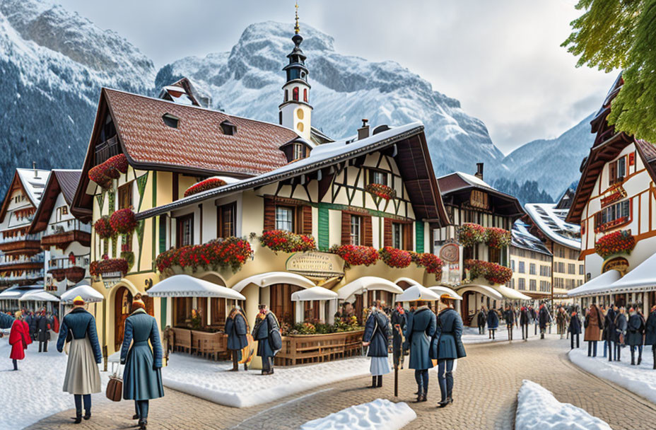Snow-capped mountains and chalet-style buildings in an alpine village.