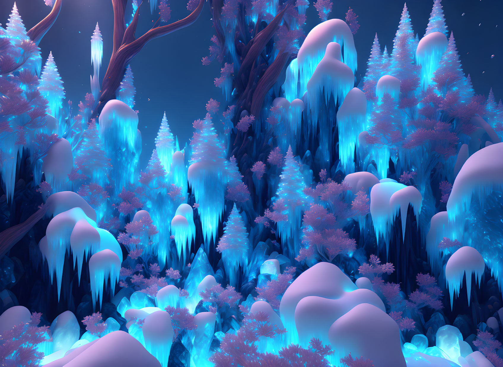Neon Blue Lights Illuminate Mystical Winter Landscape