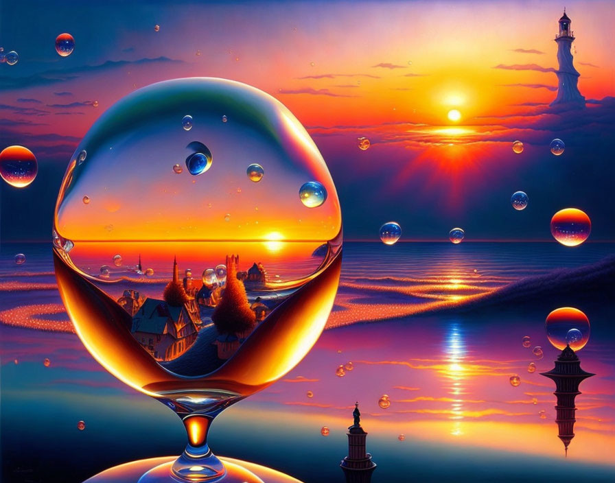 Surreal sunset with town and lighthouses reflected in bubbles