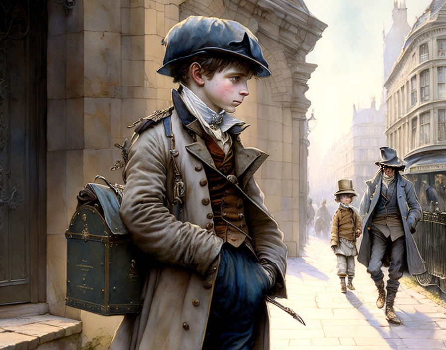 Young boy in historical attire on busy city street.