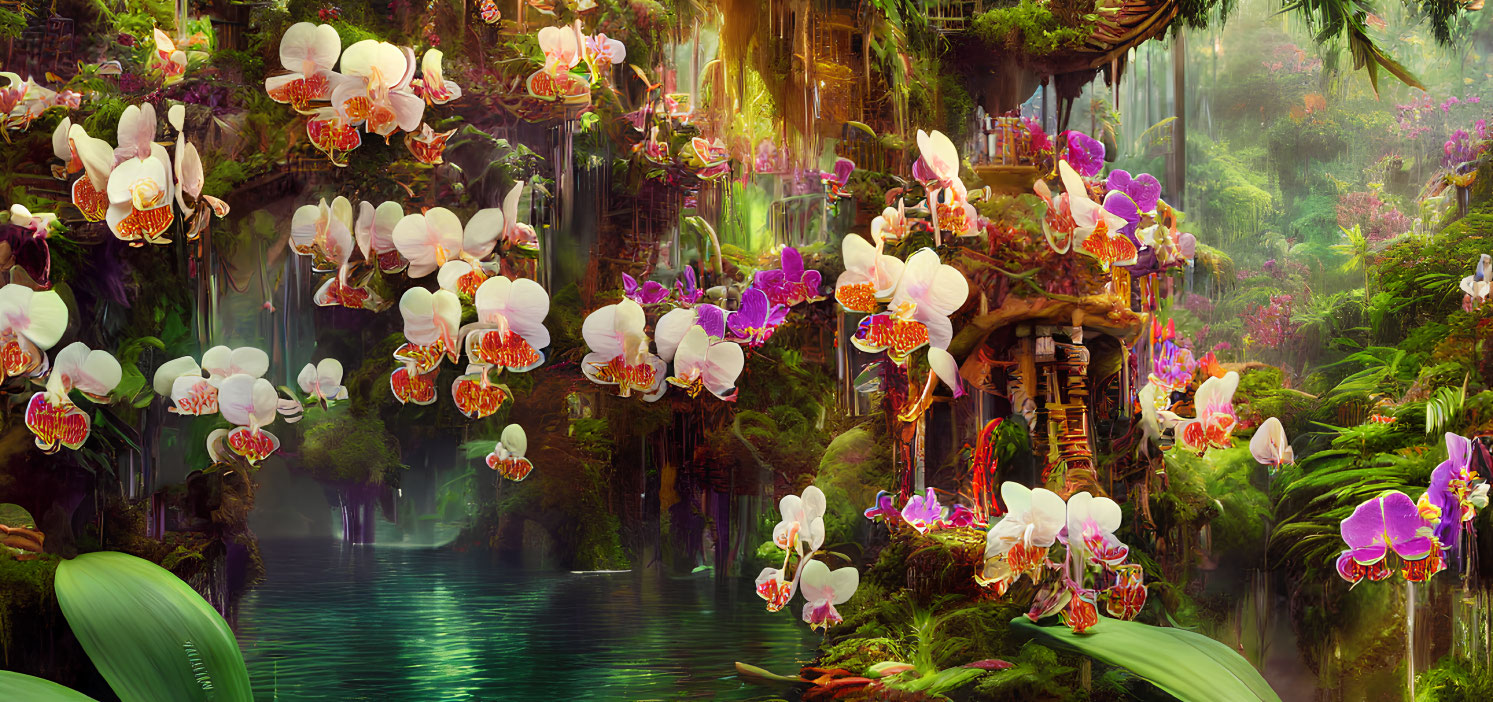 Vibrant orchids in lush, fantastical jungle scene
