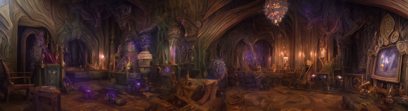 Enchanting Dimly-Lit Fantasy Interior with Glowing Crystals