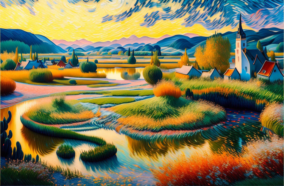 Stylized landscape painting with church, river, trees, hills, sunset