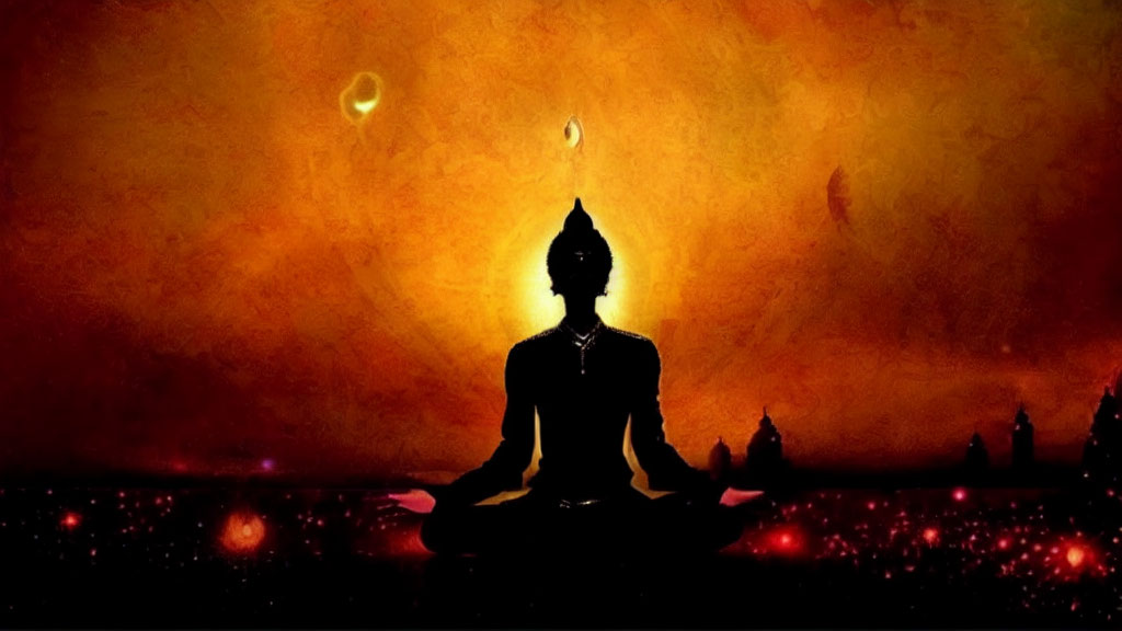 Person meditating in lotus position with cosmic background and Buddha statue outline