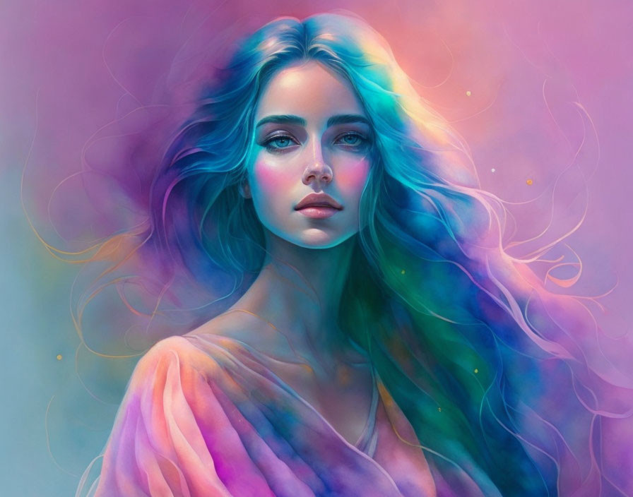 Multicolored hair woman in vibrant, pastel aura