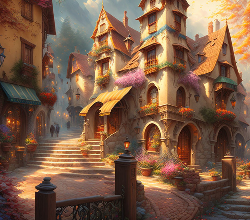 Charming fantasy village with cobblestone steps and vibrant flowers