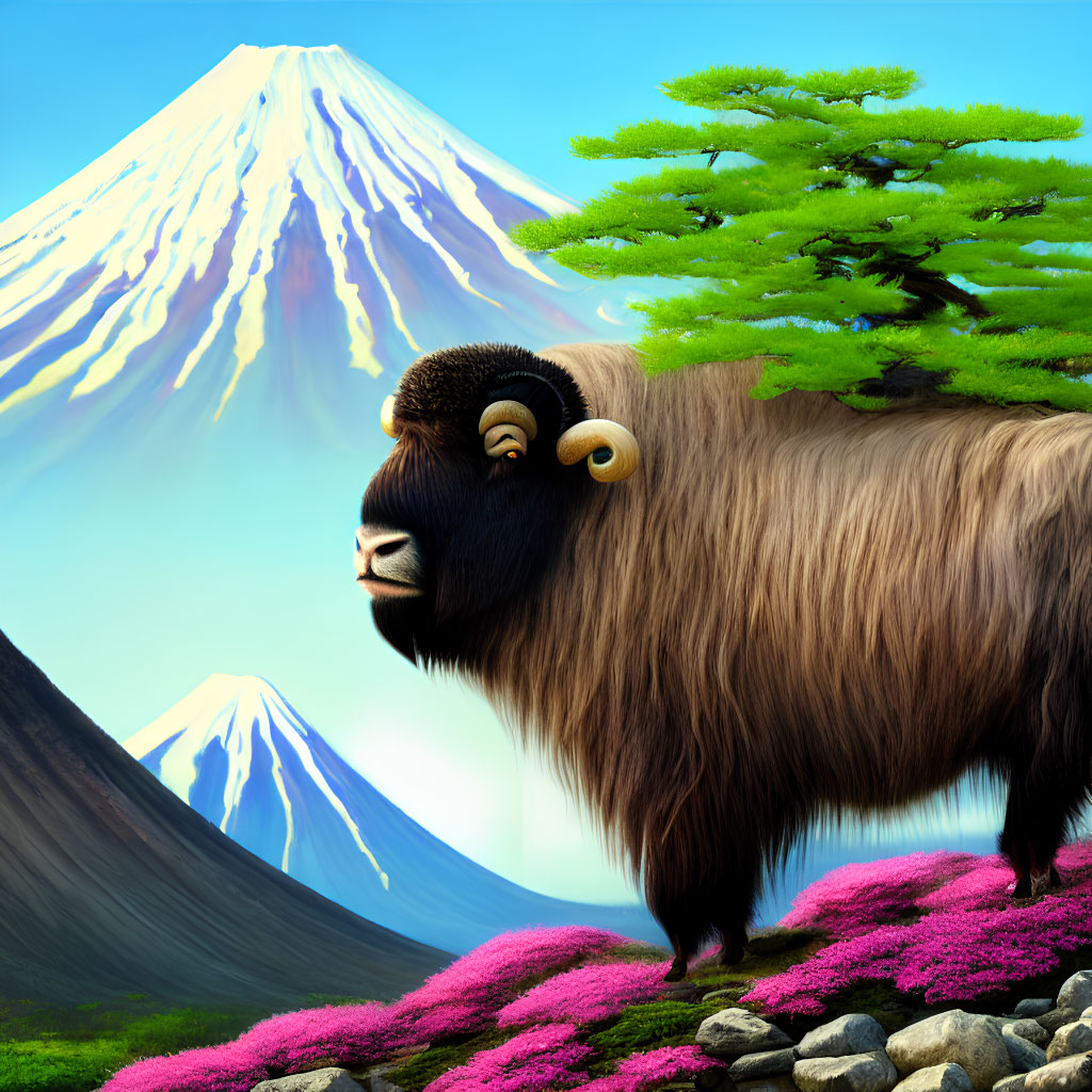Musk ox in snowy mountain landscape with green trees & pink flowers