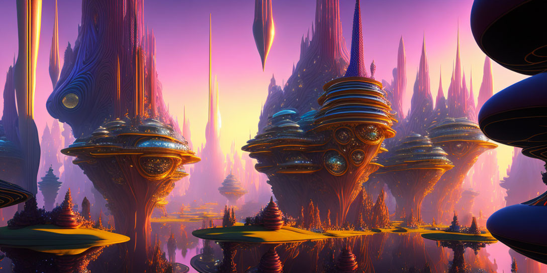 Alien landscape with organic structures and floating islands at sunset