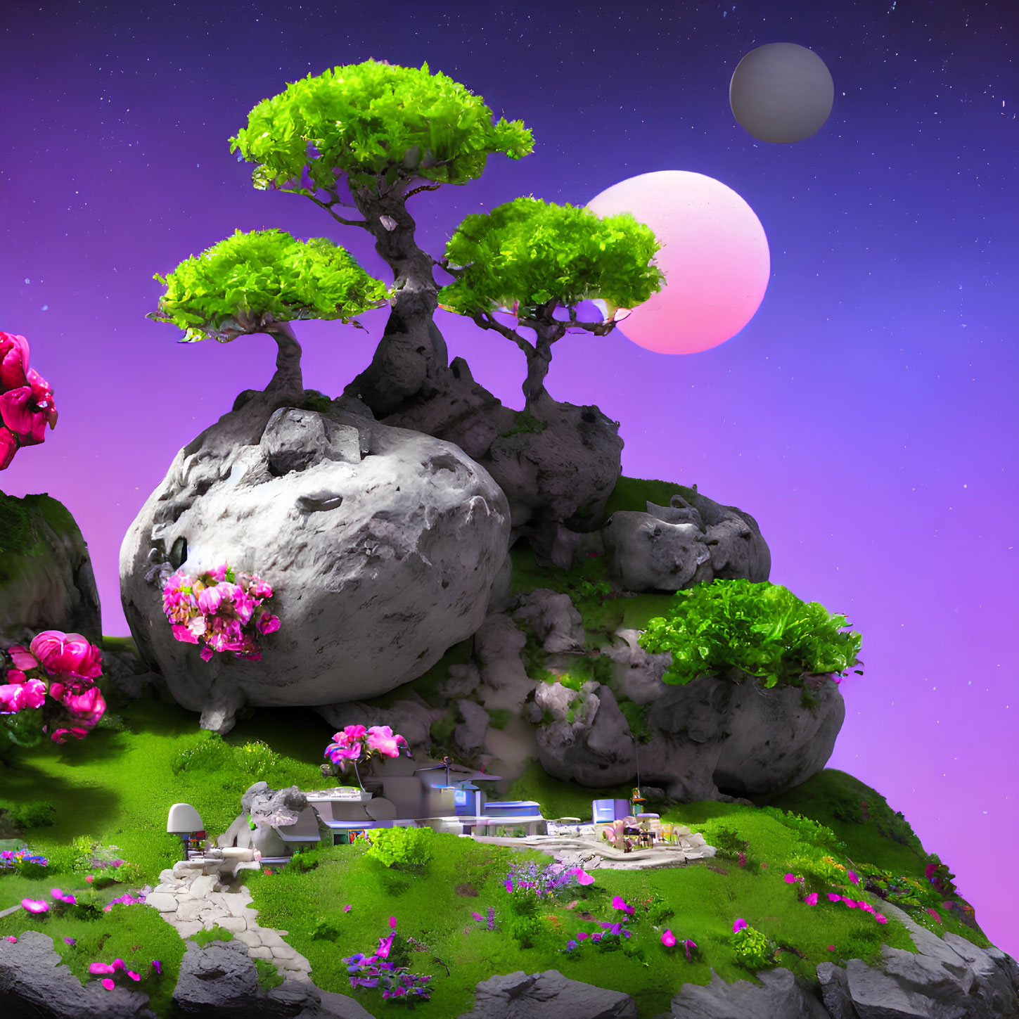 Fantasy landscape with floating rock, modern house, and two moons