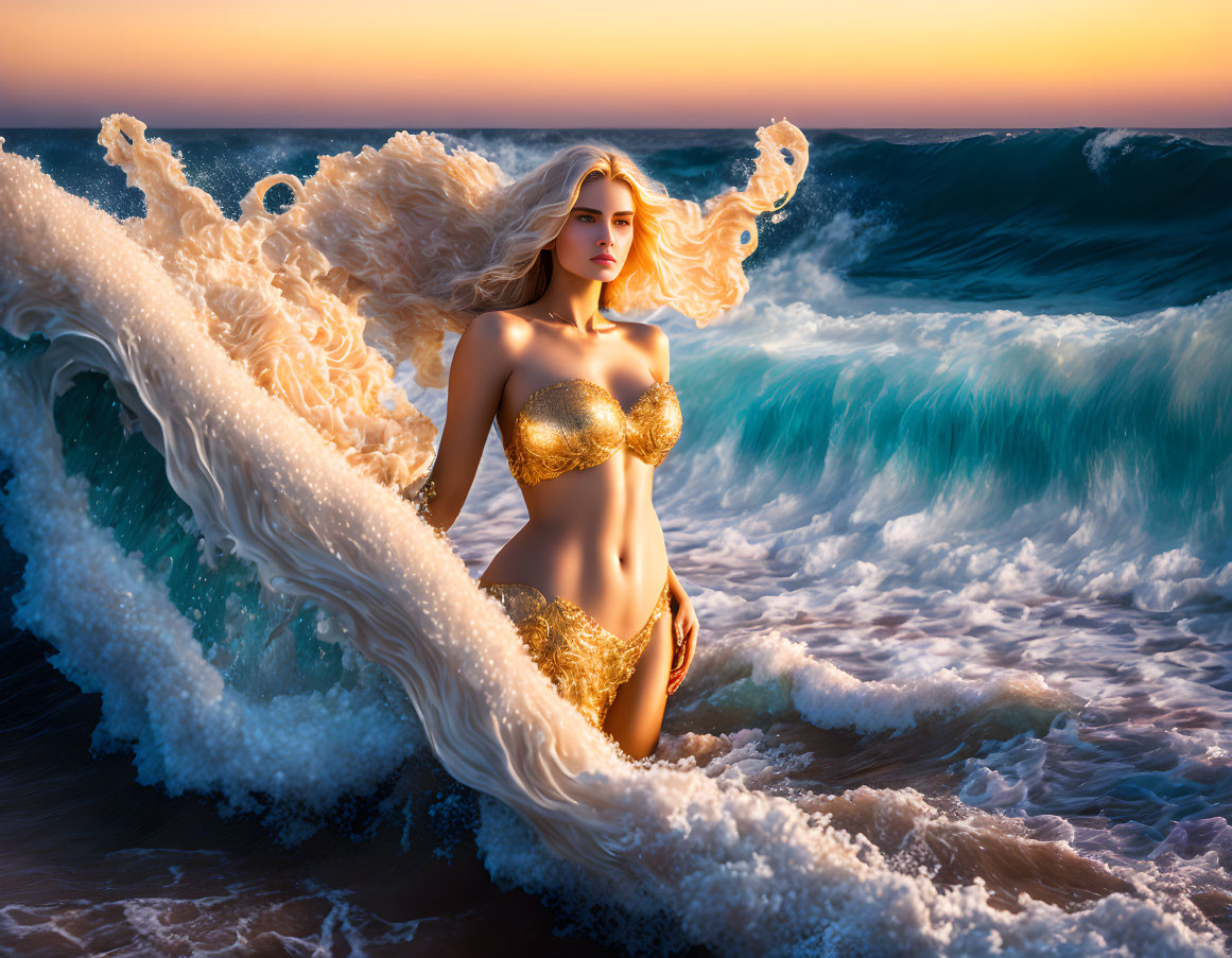 Digital artwork: Woman with golden hair in gold bikini by ocean waves at sunset
