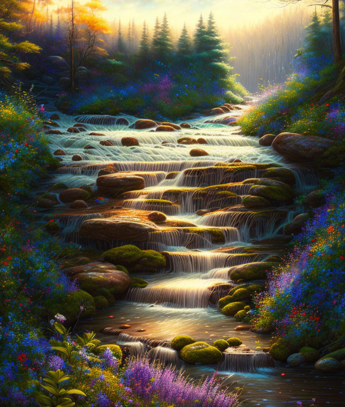 Lush forest waterfall with sun rays and wildflowers