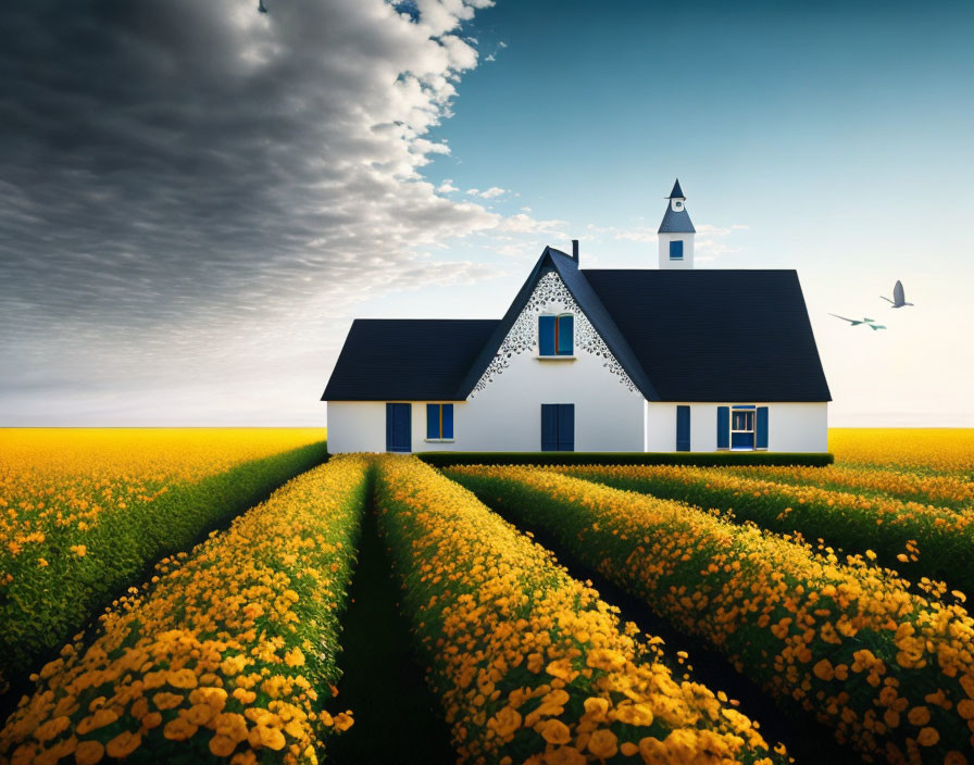 White House with Blue Roof Surrounded by Yellow Flowers and Dramatic Sky