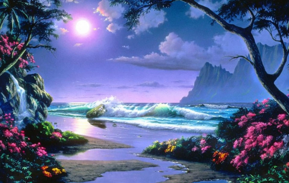Fantasy seascape with crashing waves, full moon, flowers, and towering cliff