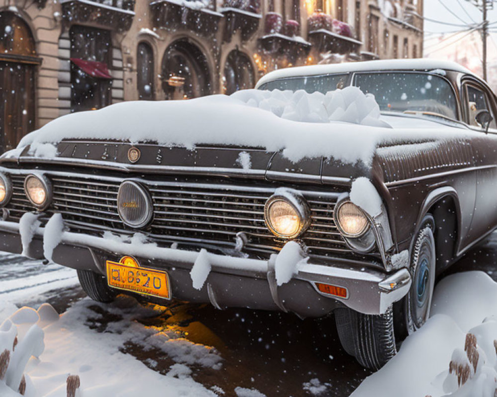 Vintage Black Car Covered in Snow on Street with Brownstone Buildings