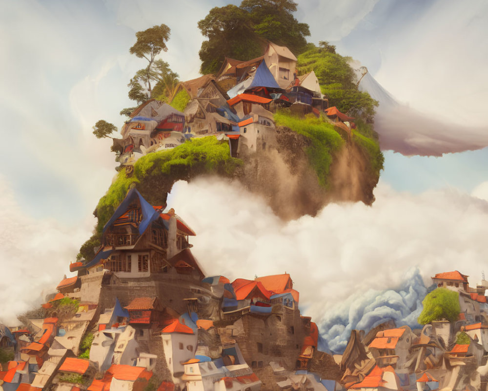 Whimsical floating island with cloud architecture & mountain backdrop