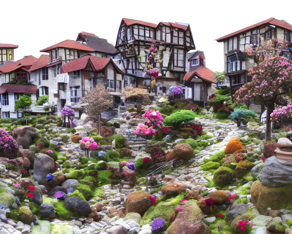 Charming village scene with half-timbered houses, flower beds, creek, rocks, and