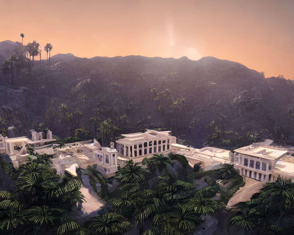 Ancient-style city in tropical valley with palm trees and classical architecture at sunset
