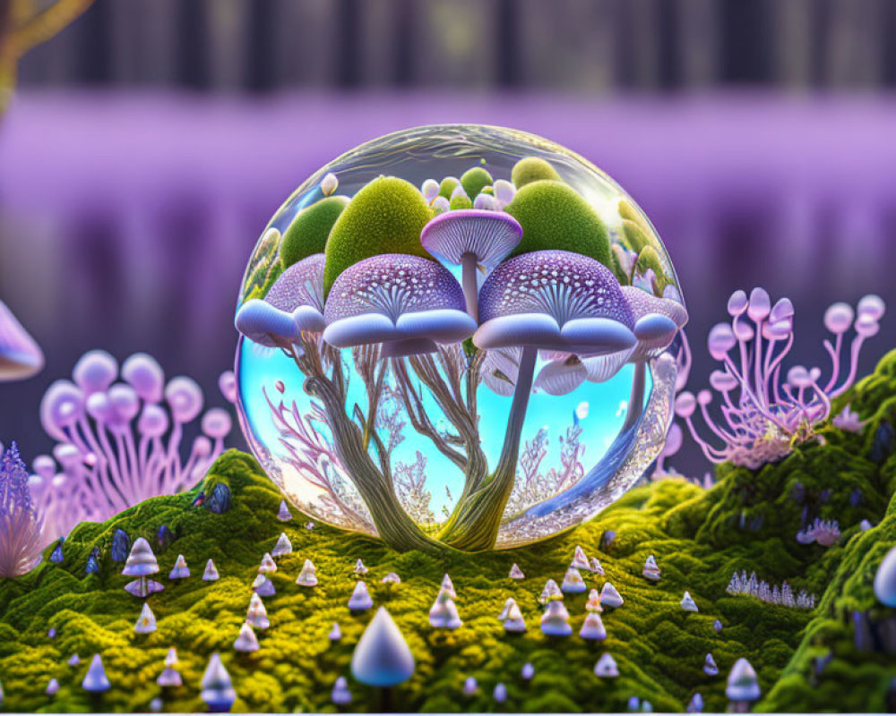 Colorful Mushroom Landscape Inside Transparent Bubble on Mossy Surface